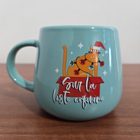 Christmas Cat Mug On The Naughty List Modern Gourmet Foods French English Saying - Picture 3 of 6